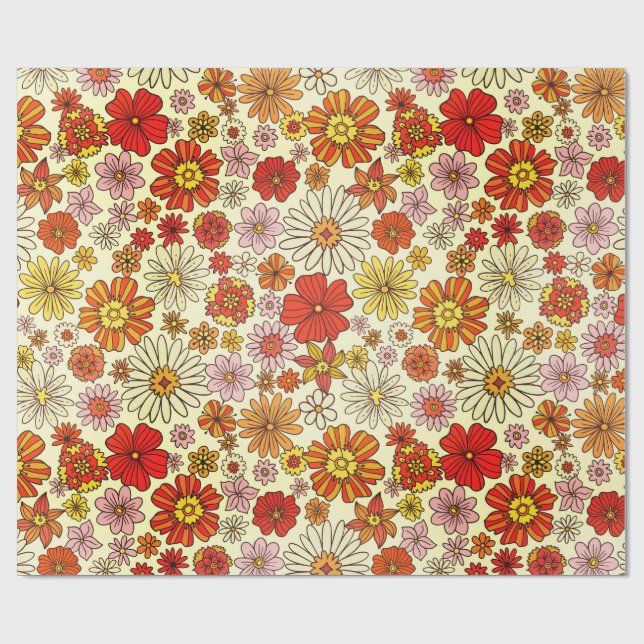 Seventies inspired warm floral print wrapping paper (Flat)