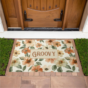 Seventies Orange Green Leaves Groovy Doormat