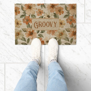 Seventies Orange Green Leaves Groovy Fiber Doormat