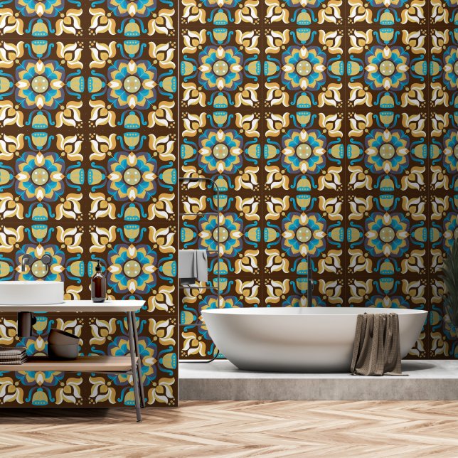 Seventies retro flower pattern wallpaper  (Bathroom)