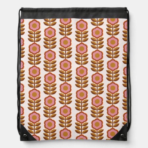 Seventies Retro Pink_Brown Flower Power Seamless  Drawstring Bag
