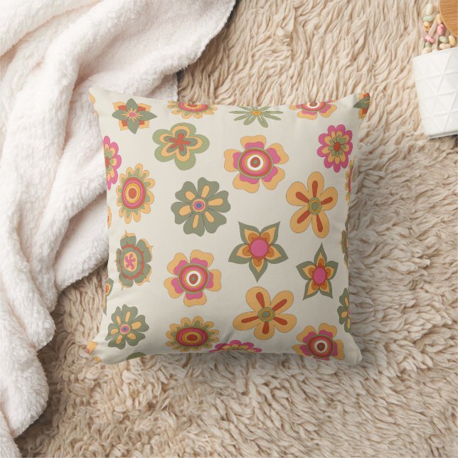 Seventies Retro Pink-Green-Gold Flower Power Throw Pillow (Blanket)