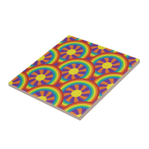 Seventies Style Rainbows and Sun Graphic Pattern Ceramic Tile