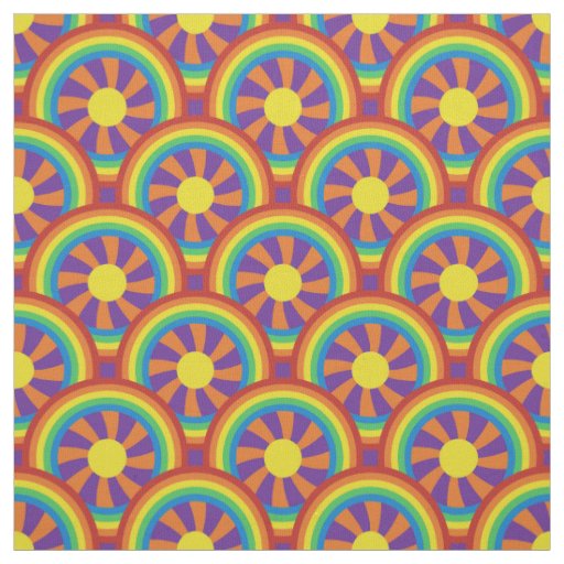 Seventies Style Rainbows and Sun Graphic Pattern Fabric