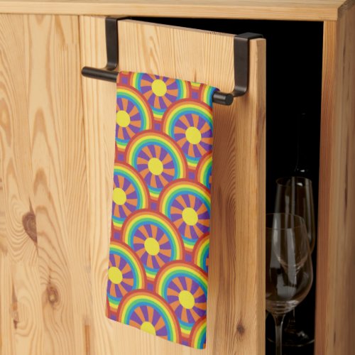 Seventies Style Rainbows and Sun Graphic Pattern Kitchen Towel