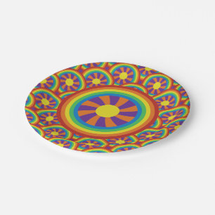 Seventies Style Rainbows and Sun Graphic Pattern Paper Plates