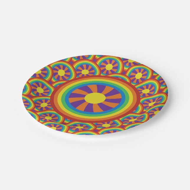 Seventies Style Rainbows and Sun Graphic Pattern Paper Plates (Angled)