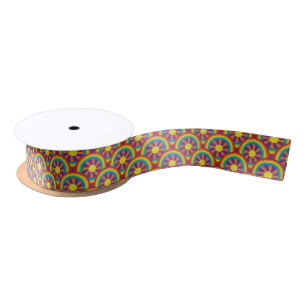 Seventies Style Rainbows and Sun Graphic Pattern Satin Ribbon