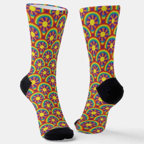 Seventies Style Rainbows and Sun Graphic Pattern Socks