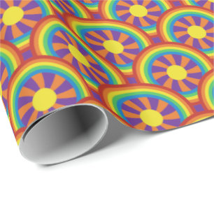 Seventies Style Rainbows and Sun Graphic Pattern Wrapping Paper