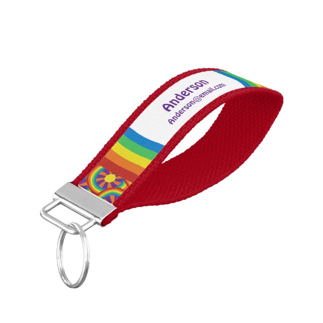 Seventies Style Rainbows and Sun Graphic Pattern Wrist Keychain (Angled Down)