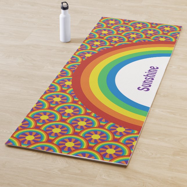 Seventies Style Rainbows and Sun Graphic Pattern Yoga Mat (In Situ)