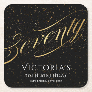 Seventy 70th Birthday Confetti Gold Foil Black Square Paper Coaster