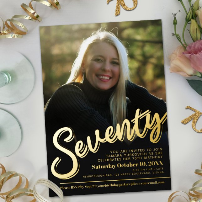 Seventy 70th Birthday custom photo script gold  Foil Invitation (Creator Uploaded)