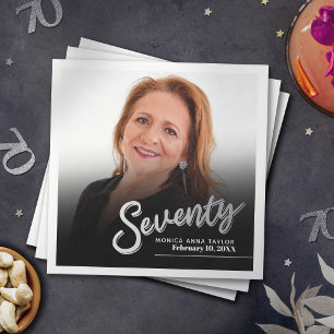 Seventy 70th Birthday custom photo script silver Napkins