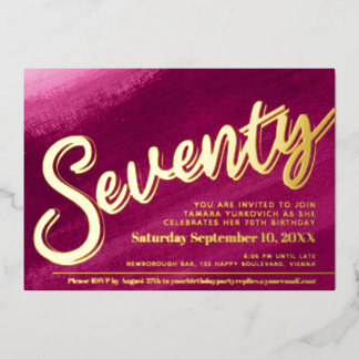 Seventy 70th Birthday party gold red pink wash Foil Invitation