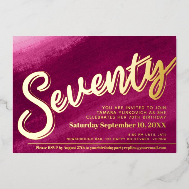 Seventy 70th Birthday party gold red pink wash Foil Invitation (Front)