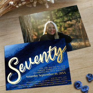 Seventy 70th Birthday party gold sapphire blue Foil Invitation