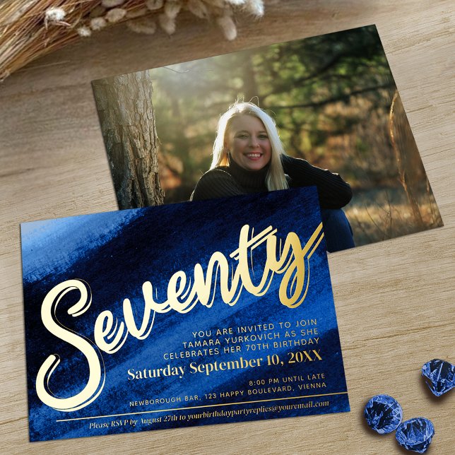 Seventy 70th Birthday party gold sapphire blue Foil Invitation (Creator Uploaded)