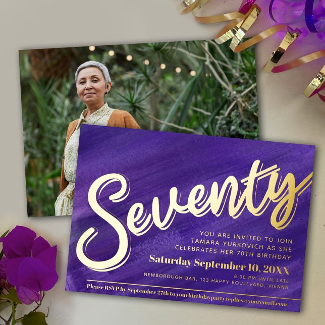 Seventy 70th Birthday party purple art gold script Foil Invitation (Creator Uploaded)