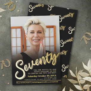 Seventy 70th Birthday photo script flat gold color Invitation