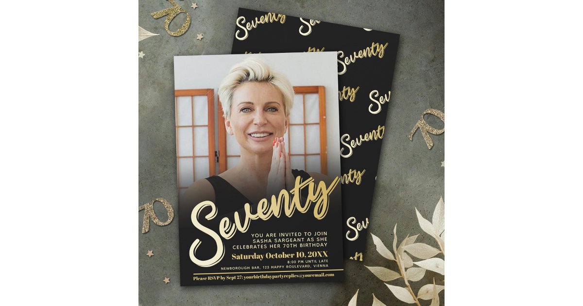 Seventy 70th Birthday photo script flat gold color Invitation | Zazzle