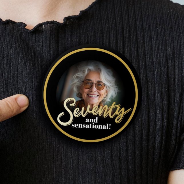 Seventy 70th Birthday photo script gold black Button (Creator Uploaded)