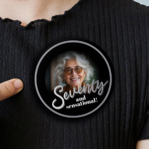 Seventy 70th Birthday photo script silver black Button