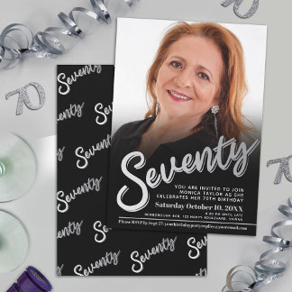 Seventy 70th Birthday photo script silver black Invitation