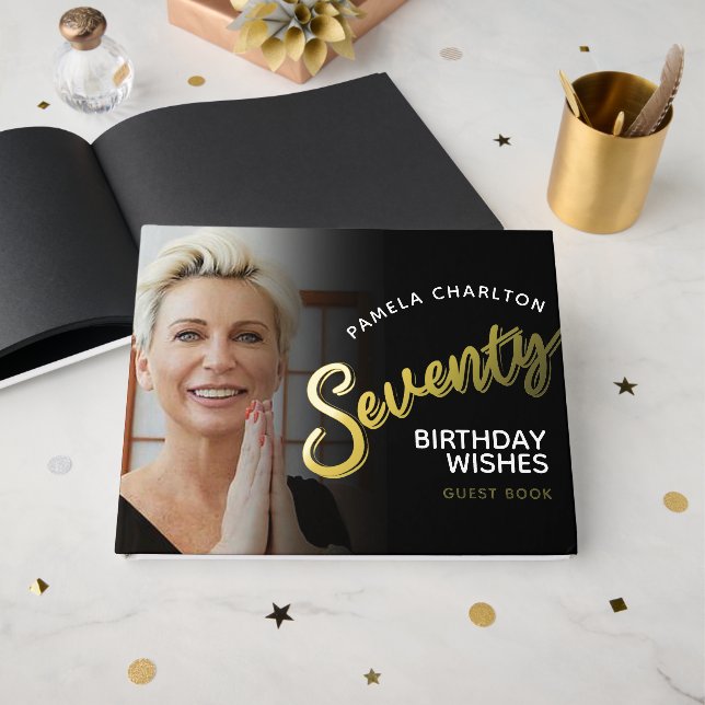 Seventy 70th birthday photos black gold guest book (Front Open)