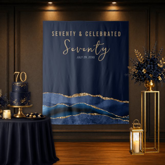 Seventy And Celebrated Navy Gold Agate Backdrop (Elegant navy gold 70th birthday backdrop with agate detail for luxury celebration setup)