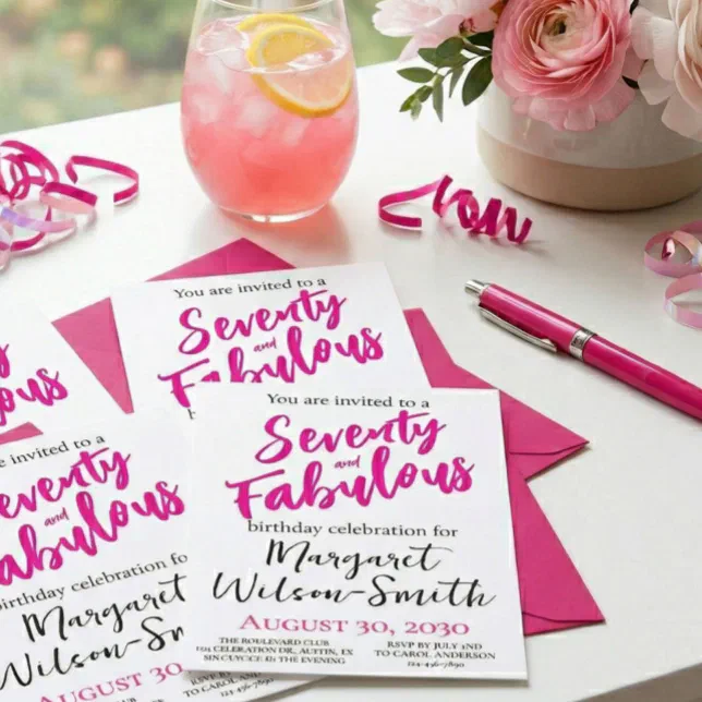 Seventy and Fabulous Pink Script Birthday Invitation | Zazzle