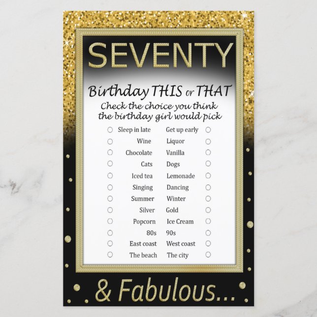Seventy Birthday This or That Game (Front)