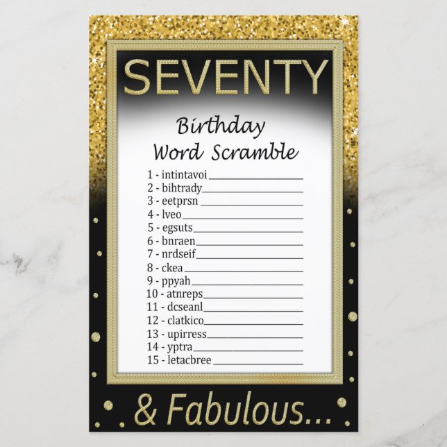 Seventy Birthday Word Scramble Game (Front)