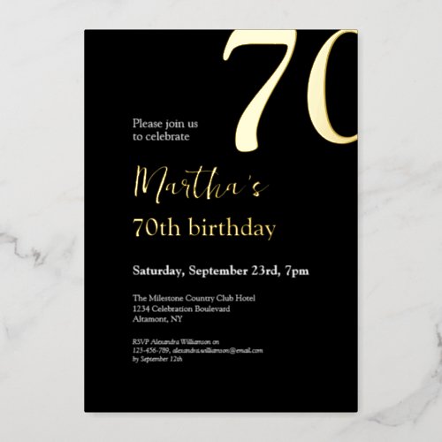 Seventy Black  Gold Minimal 70th Birthday Party Foil Invitation