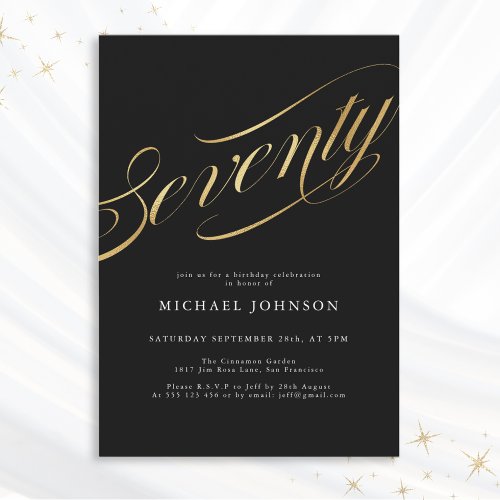 Seventy Black Gold Modern Minimalist 70th Birthday Invitation