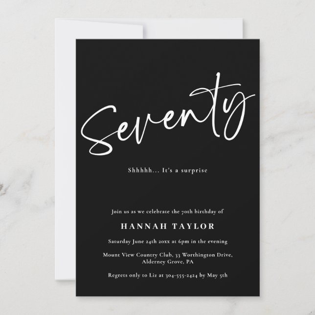 Seventy Black White Simple Script 70th Birthday  Invitation (Front)