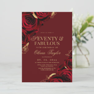 Seventy & Fabulous Burgundy Gold Roses Birthday Invitation