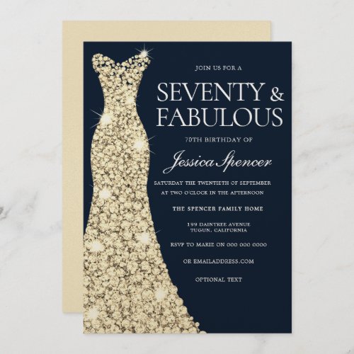 Seventy  Fabulous Gold Dress Gown 70th Birthday Invitation