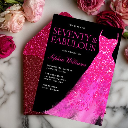 Seventy  Fabulous Hot Pink Dress 70th Birthday Invitation