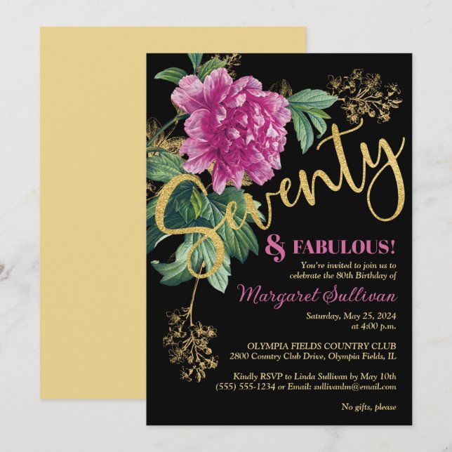 Seventy & Fabulous Pink Peony Birthday Invitation (Front/Back)