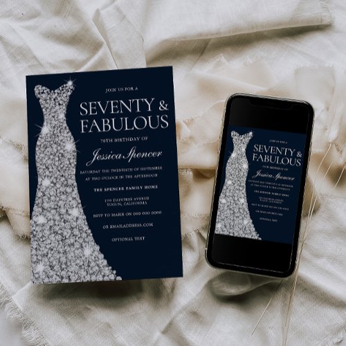 Seventy  Fabulous Silver Gown 70th Birthday Invitation