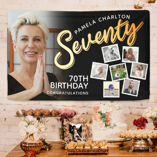 Seventy gold 70th Birthday photos on black Banner
