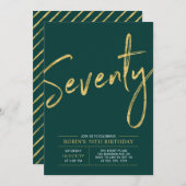 Seventy | Gold & Green Brush 70th Birthday Party Invitation (Front/Back)