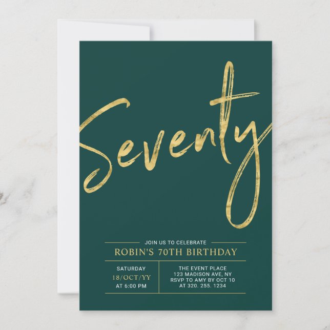 Seventy | Gold & Green Brush 70th Birthday Party Invitation (Front)