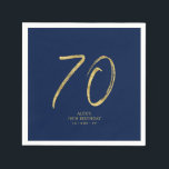 Seventy | Gold & Navy Blue Lettering 70th Birthday Napkins<br><div class="desc">This simple custom napkin will add stylish details to your 70th birthday party. This design features gold chic lettering "70" with custom text on a navy blue background. Matching invitations and party supplies are available in my shop BaraBomDesign.</div>