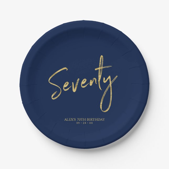 Seventy Gold & Navy Lettering 70th Birthday Party Paper Plates (Front)