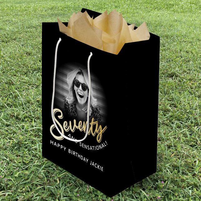 Seventy gold script and custom photo 70th birthday medium gift bag (Creator Uploaded)