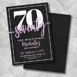 Seventy Modern 70th Birthday Party Invitation<br><div class="desc">Introducing a simple and modern 70th birthday party invitation, perfect for celebrating this milestone in style. The sleek design features a bold black background with a prominent "70" at the top. Below, "Seventy" is elegantly written in script calligraphy, adding a touch of sophistication. The text throughout the invitation combines a...</div>