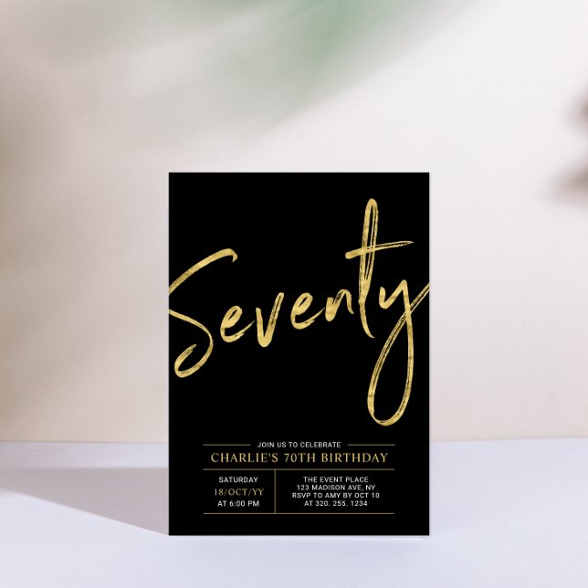 Seventy | Modern Gold & Black 70th Birthday Party Invitation